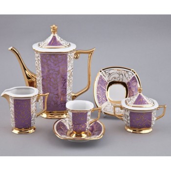 Кофейный сервиз мокко на 6 персон, 15 предметов, фиолетовый с позолотой, фарфор, коллекция Empire, Rudolf Kampf