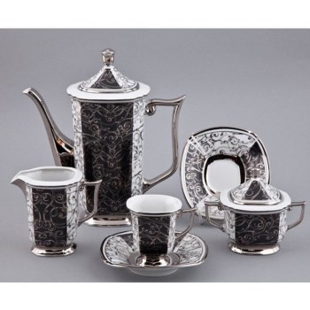 Кофейный сервиз мокко на 6 персон, 15 предметов, черный с платиной, фарфор, коллекция Empire, Rudolf Kampf