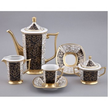 Кофейный сервиз мокко на 6 персон, 15 предметов, черный с позолотой, фарфор, коллекция Empire, Rudolf Kampf